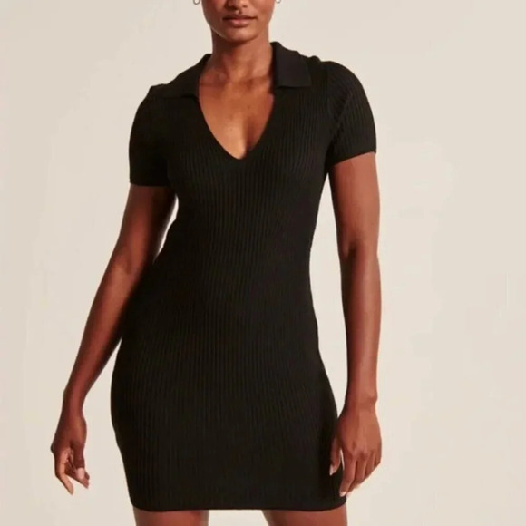 Abercrombie & Fitch Ribbed Knit Short Sleeve Polo Dress w/ Collar Black Sz Small - Picture 2 of 7